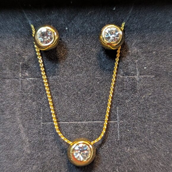 Elegant Yellow Gold Filled Round CZ Pendant Necklace Earrings Set - Picture 2 of 15